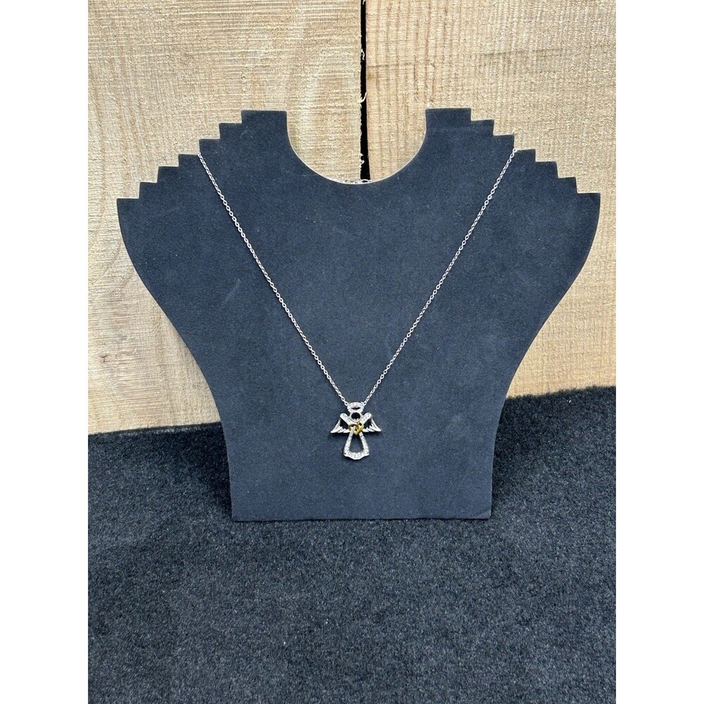 Guardian Angel Silver Tone Pendant 18" Necklace Gold Tone Heart With CZ's J385